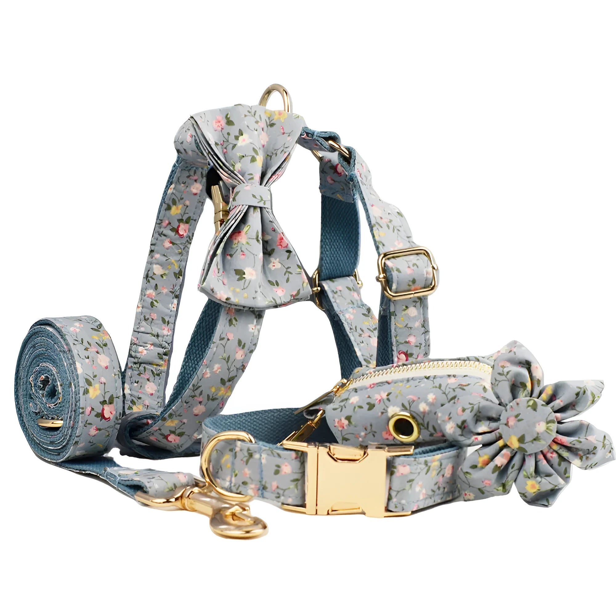Blue floral pattern dog collar set with matching leash, vest, bow and accessories for small dogs