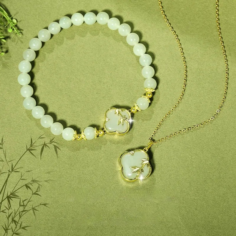 Hetian jade bracelet and necklace set with leaf design in bamboo green tone