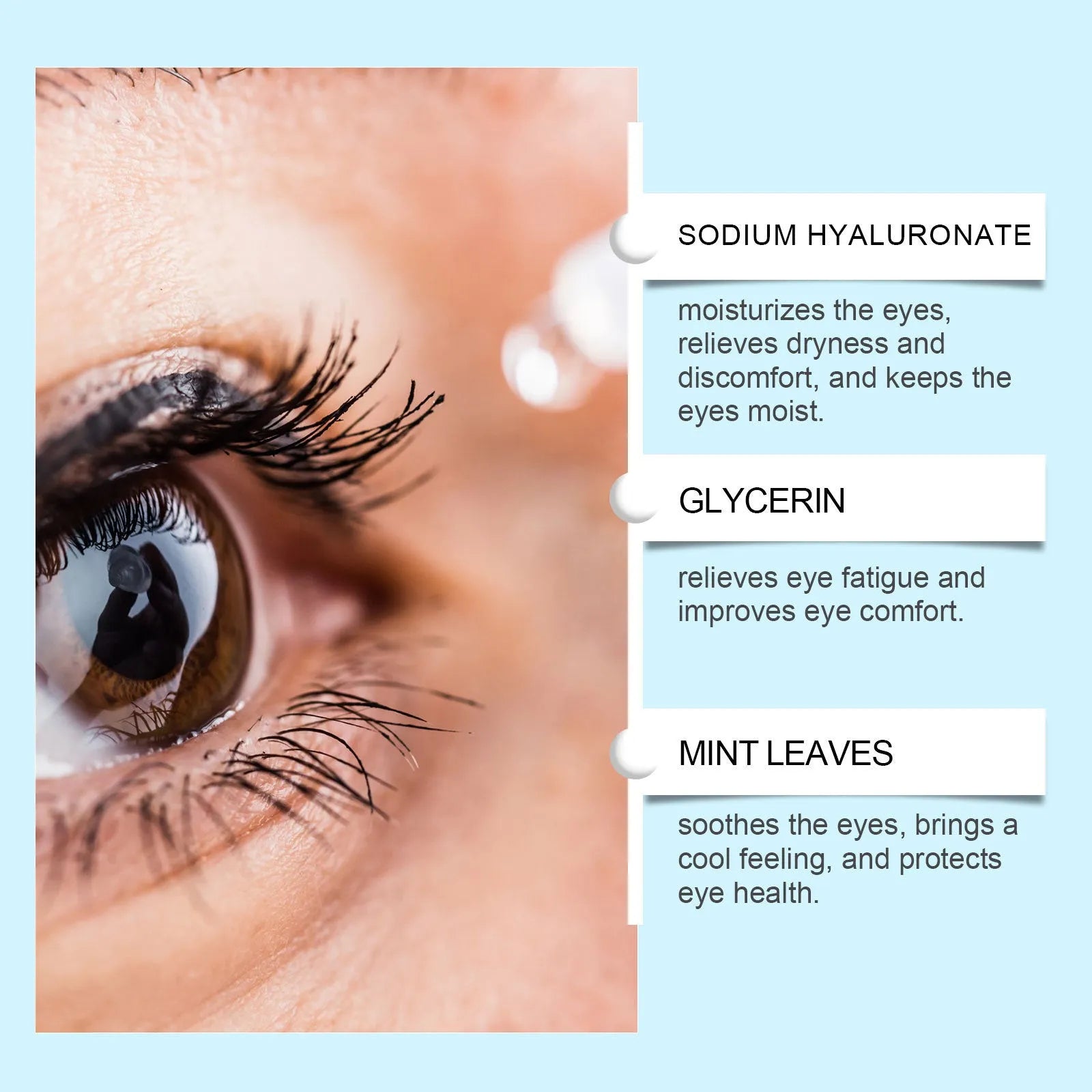 Bottle of moisturising eye drops with mint leaf and sodium hyaluronate for soothing dry eyes.