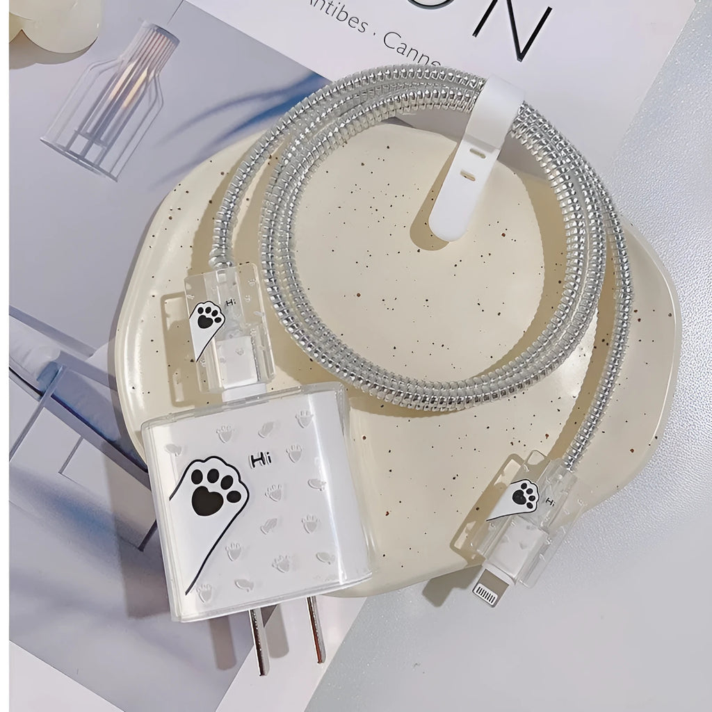 Transparent plastic Apple 20W charger protection sleeve set with protective head, rope, and bite line tools