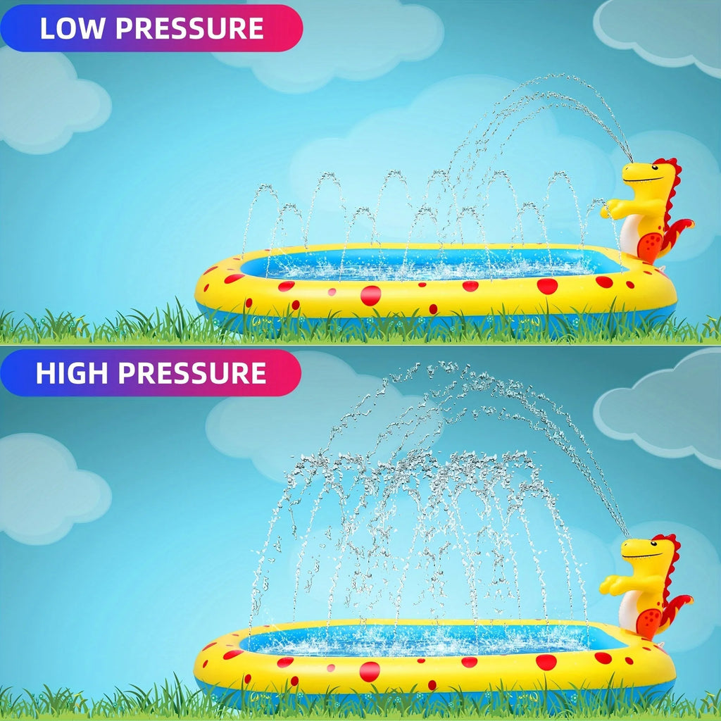 Blue dinosaur-shaped inflatable water spray pool with shark design features for kids outdoor play