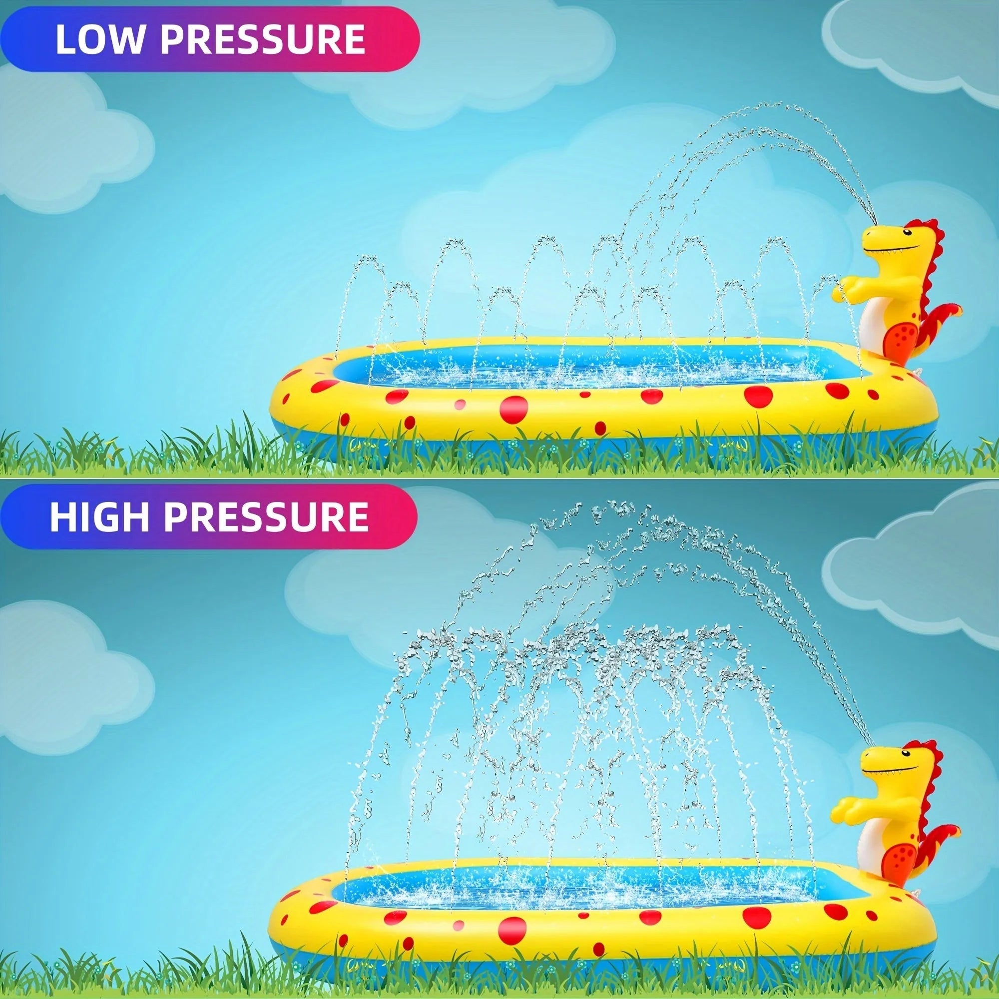 Blue dinosaur-shaped inflatable water spray pool with shark design features for kids outdoor play