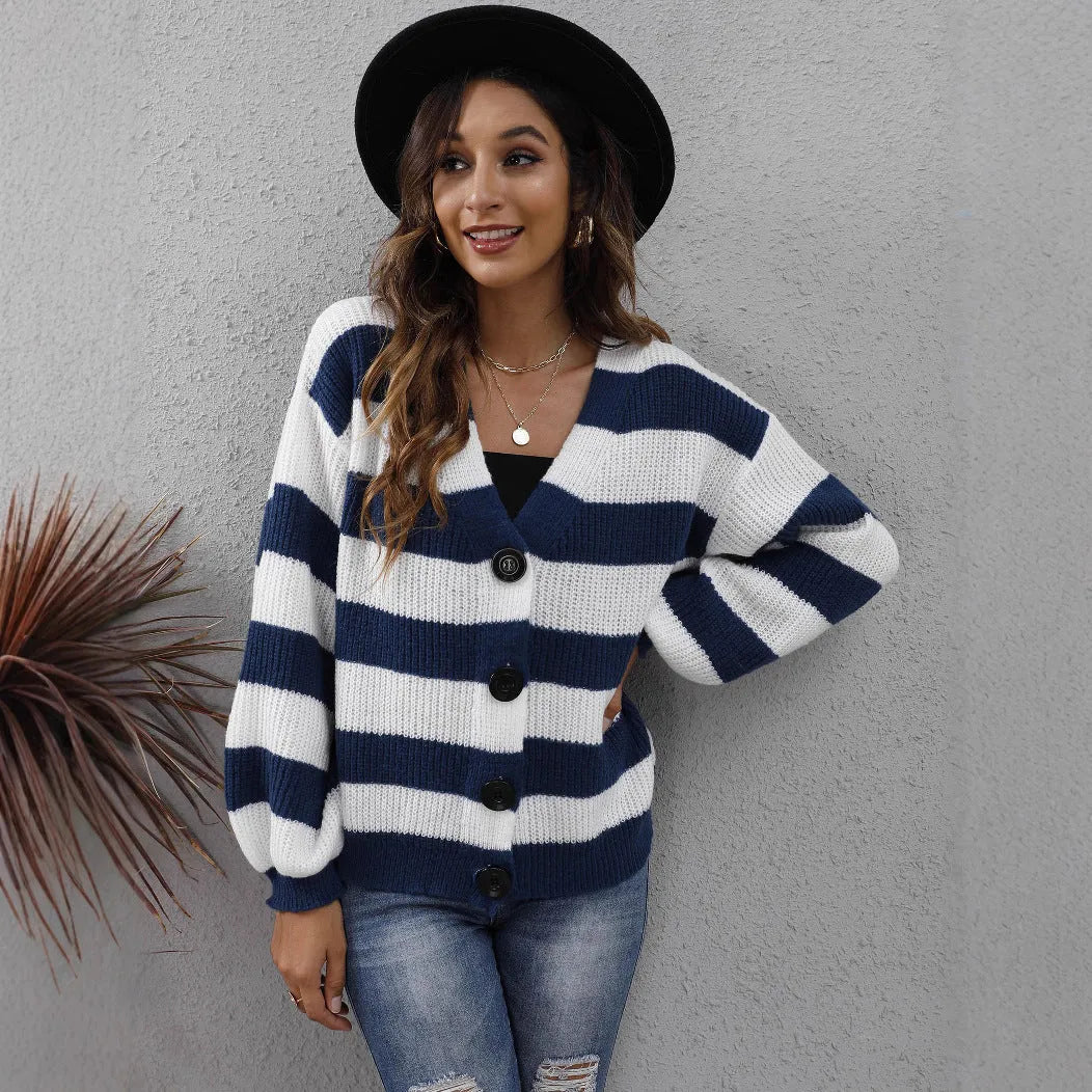Women's striped deer plush cardigan sweater with button fastening in blue, black, brown, or dark green