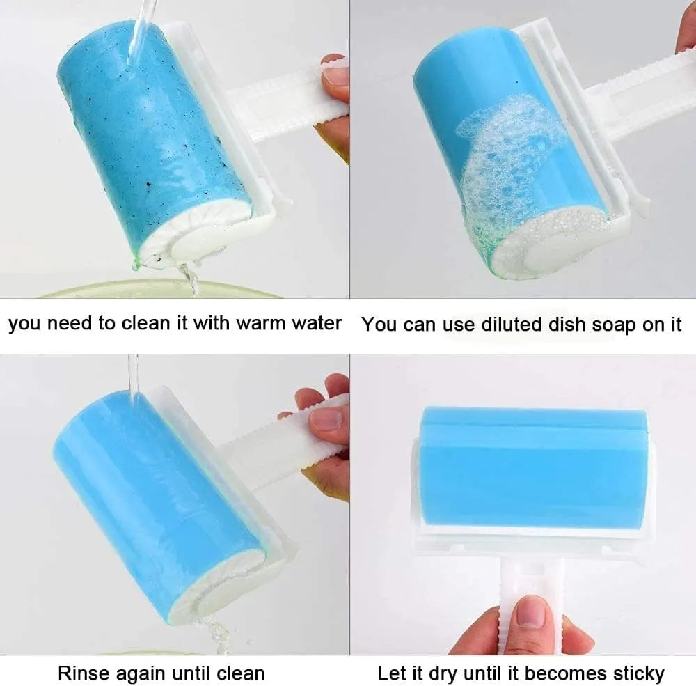 Washable reusable lint roller with cover in blue, green, pink, or yellow colours for pet hair removal