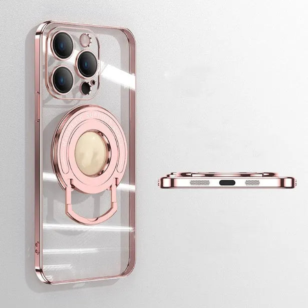 Transparent magnetic iPhone case with integrated pull rod bracket extended, showing dark purple colour and electroplated finish