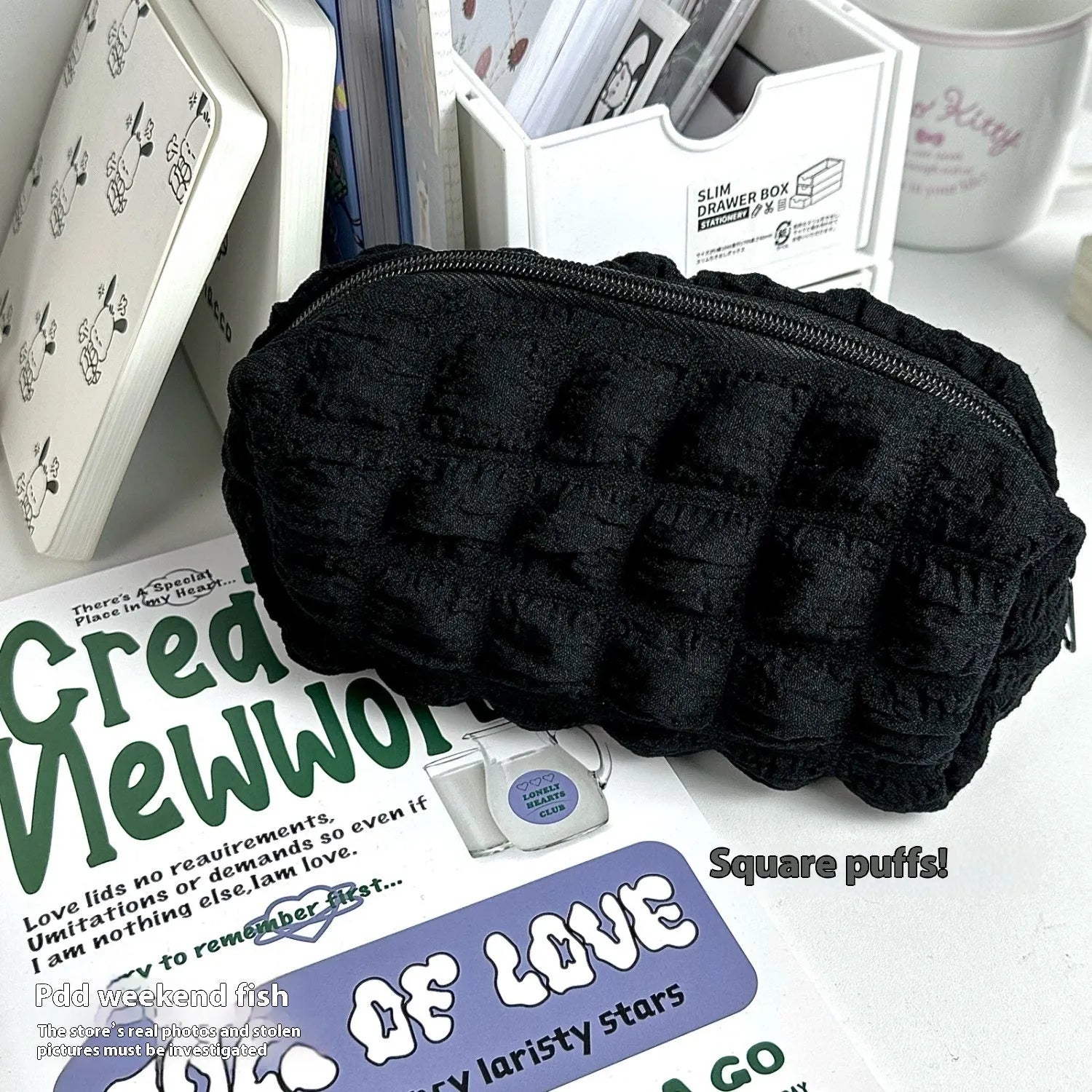 Cream puff design fabric pencil case in beige or black colour made from polyester material