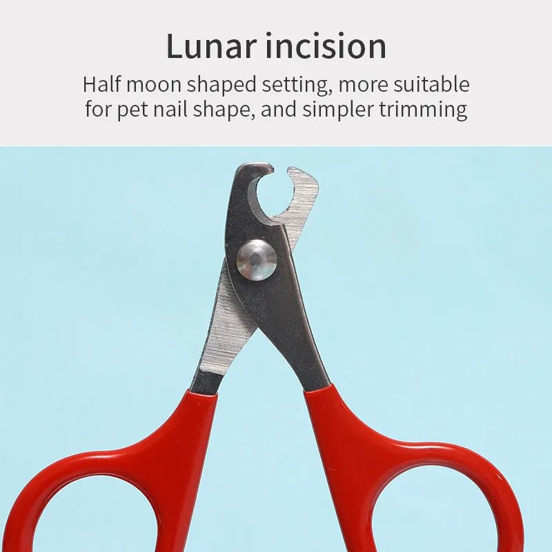 Close-up of pet nail clippers with stainless steel blades and a coloured rubberised handle.