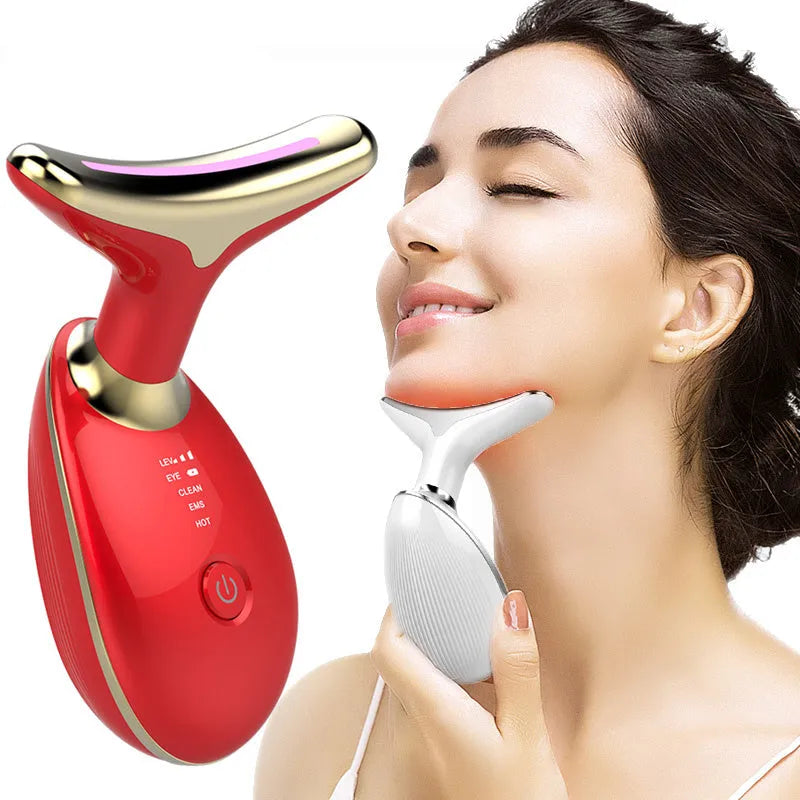 Black Silver EMS thermal neck massager device with LED lights for facial skin tightening and wrinkle reduction.