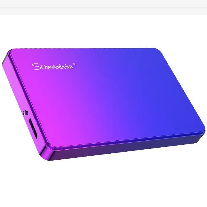 Purple external mobile hard disk with plastic shell and leather bag packaging