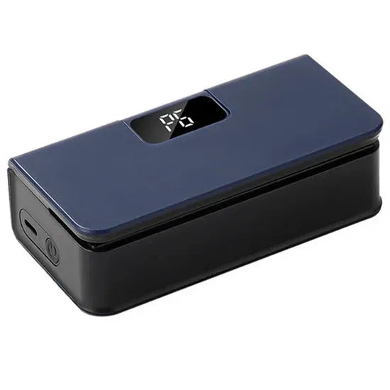 Small portable manual heat sealing machine for plastic snack bags in white or blue.