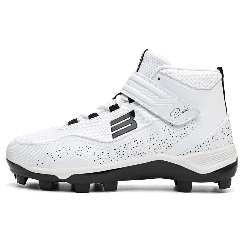 Black and white sports sneakers with a mesh upper, Velcro strap, and wear-resistant rubber sole.