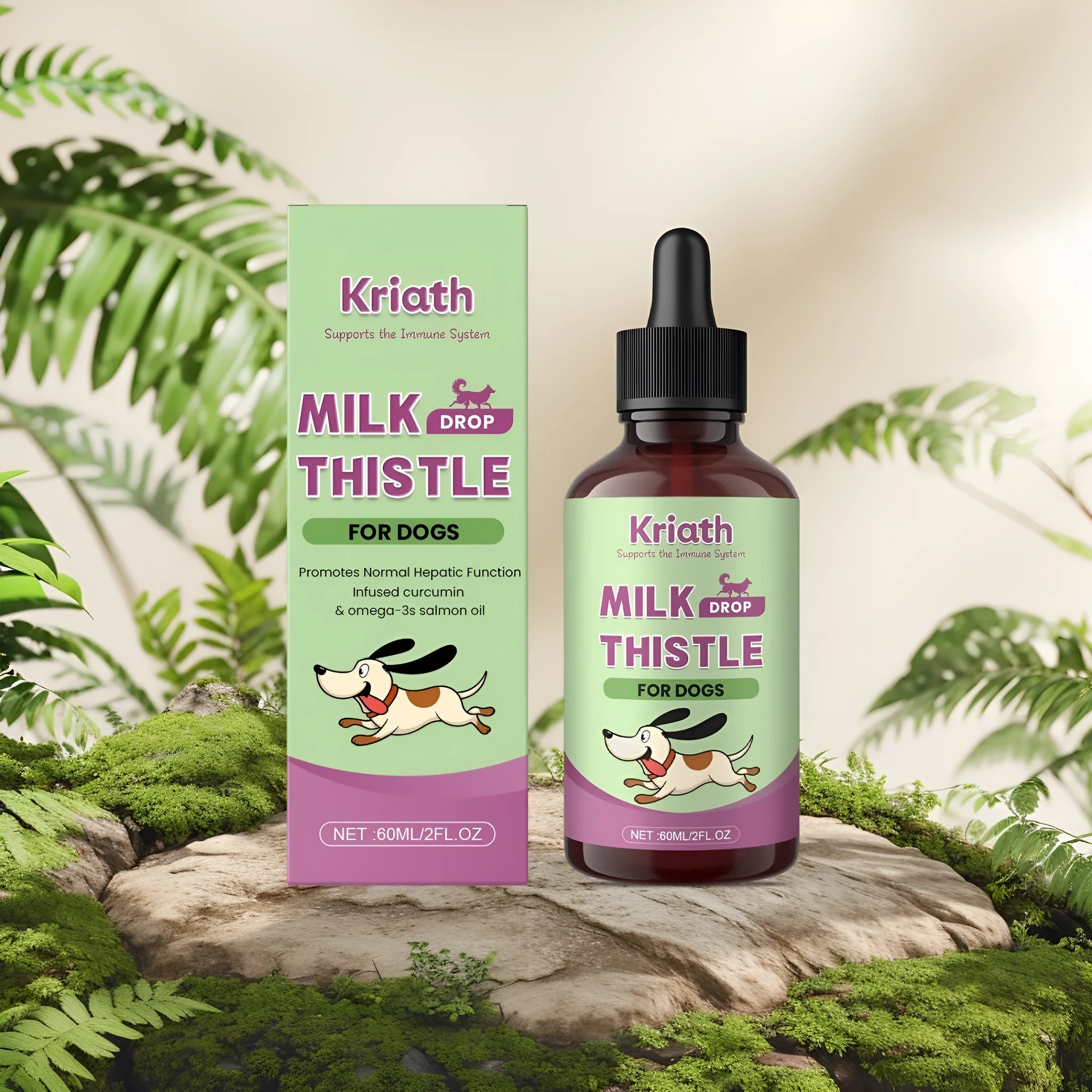60ml bottle of dog milk thistle extract nutrient solution with turmeric and omega-3 fatty acids
