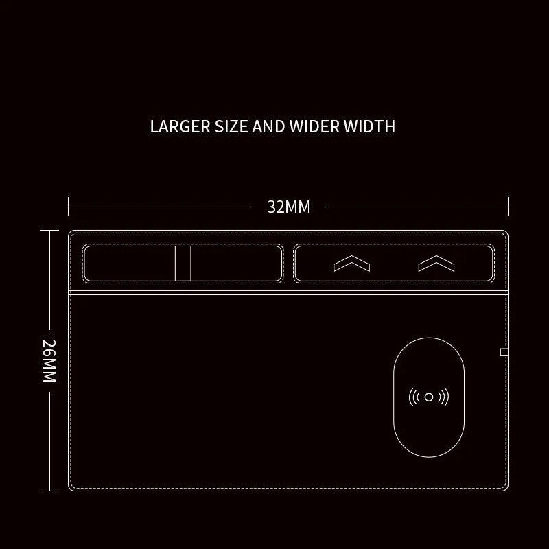 Pink multifunctional wireless charging gaming mouse pad with phone holder, 320mm by 260mm.