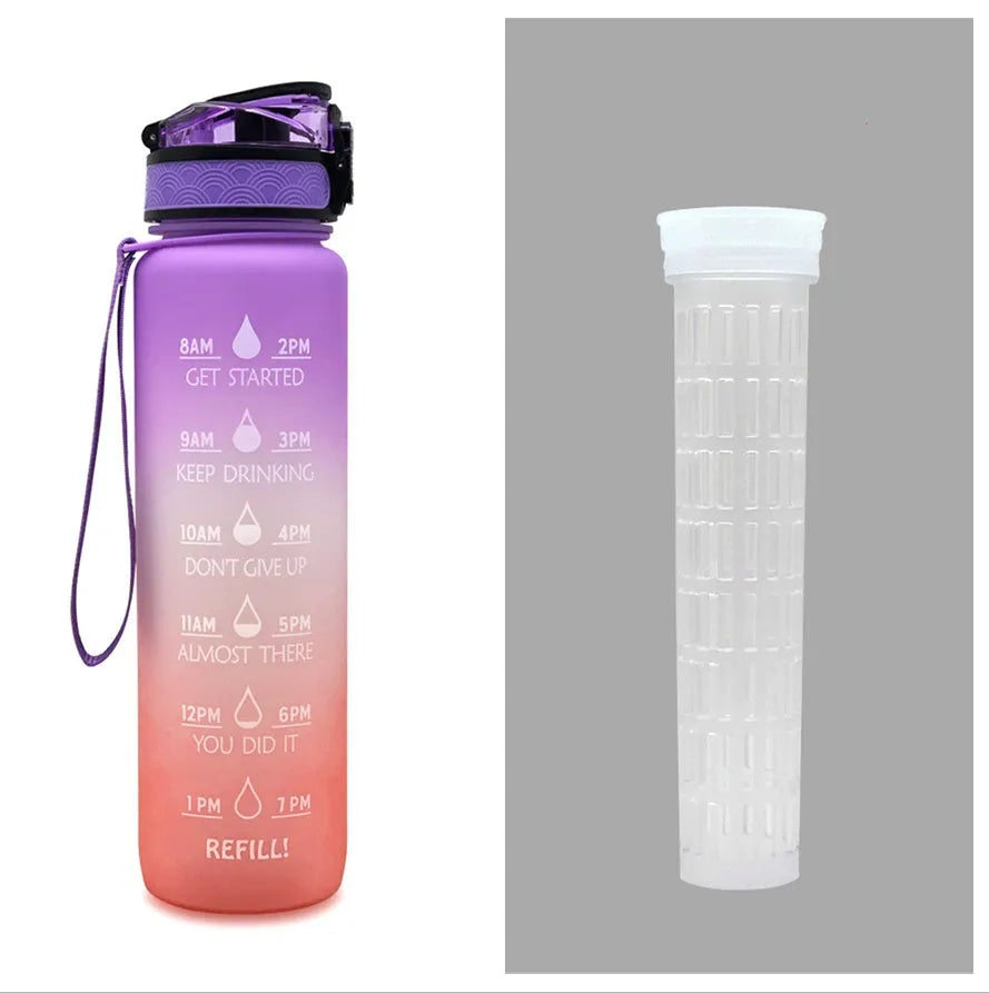 Blue and red gradient 1 litre Tritan sports water bottle with time markers and flip-top lid