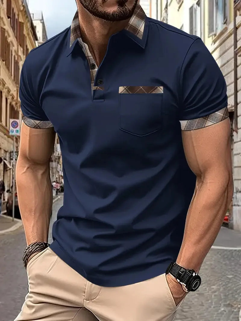 Men's loose fit short sleeve t-shirt in a plaid colourblock pattern with a zip detail.