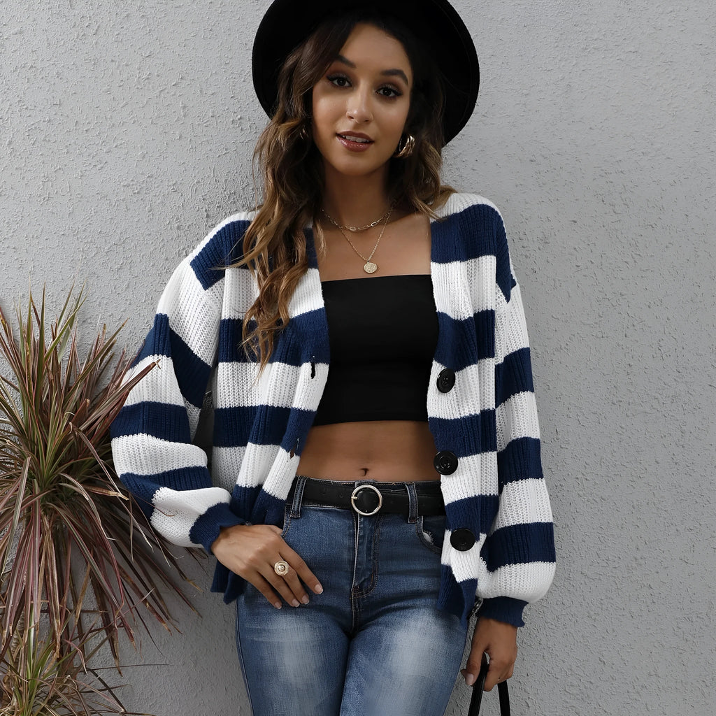 Women's striped deer plush cardigan sweater with button fastening in blue, black, brown, or dark green