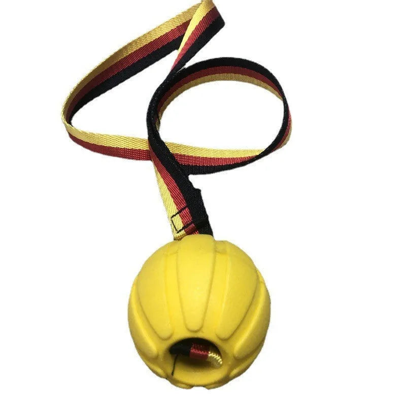 Yellow and camouflage EVA foam floating dog tetherballs in three different sizes for water fetch