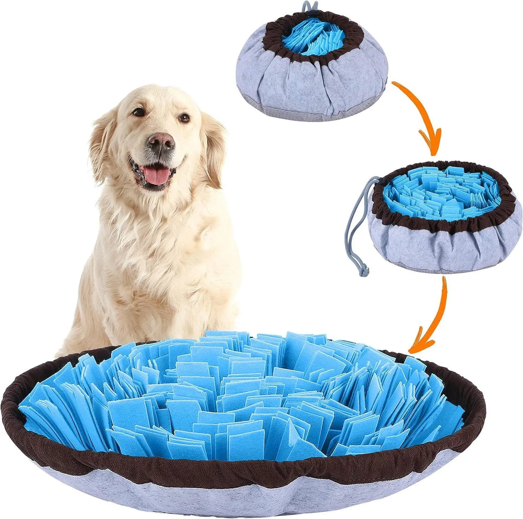Blue adjustable snuffle mat for dogs used as a puzzle feeding toy for large and small breeds.