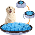 Blue adjustable snuffle mat for dogs used as a puzzle feeding toy for large and small breeds.