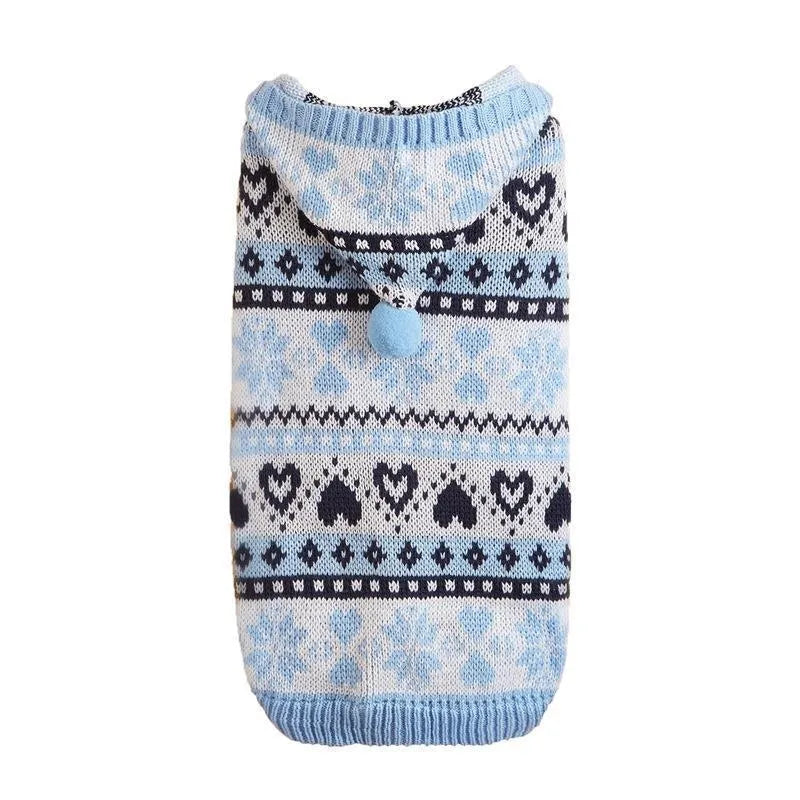 Pink, blue, and grey striped camouflage snowflake pattern knitted dog sweater for small dogs.