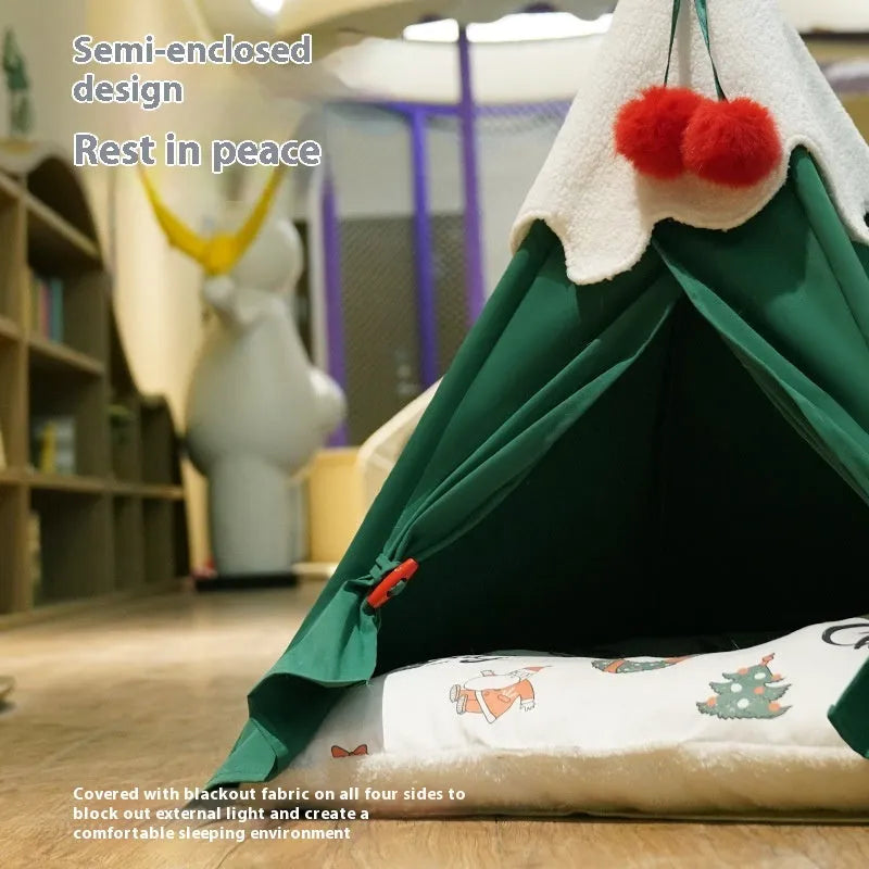 Brown semi-closed cloth cat house with padded mat inside, showing enclosed design for pet sleep.