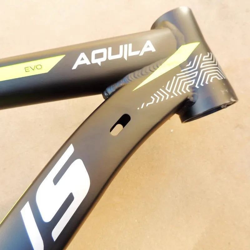 Black Green 29-inch aluminium alloy mountain bike frame showing disc brake mount and internal routing ports.