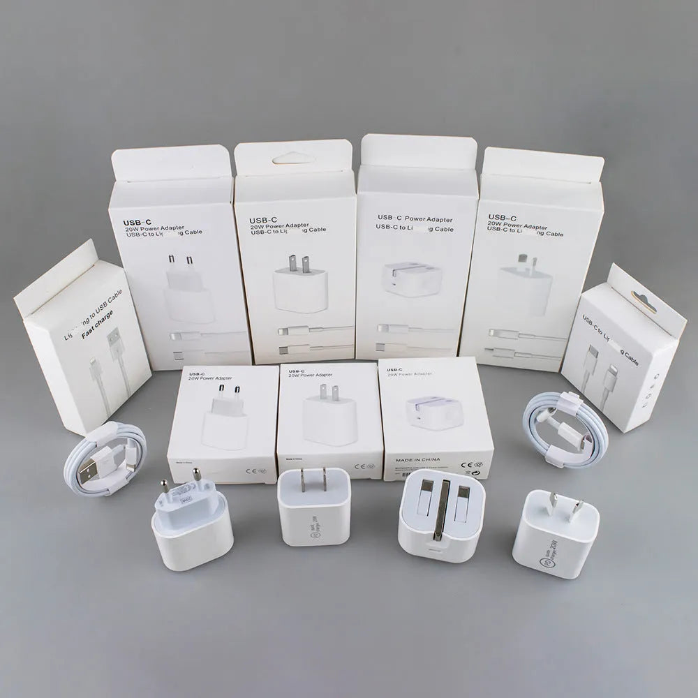 White 20W USB Type-C PD wall charger with set of five international travel plug adaptors