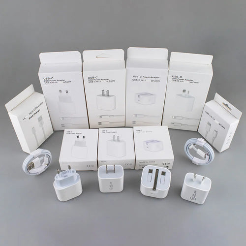 White 20W USB Type-C PD wall charger with set of five international travel plug adaptors