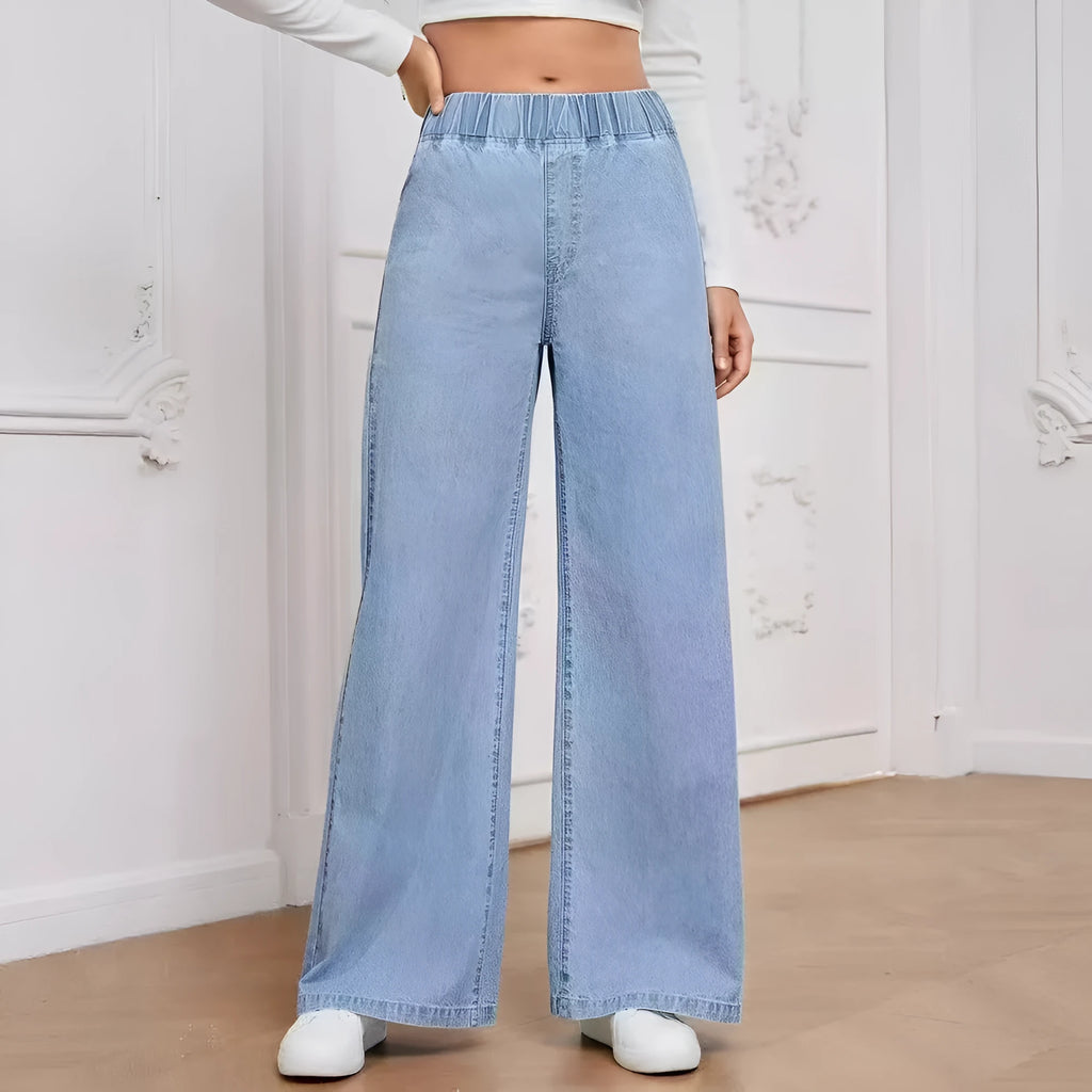 Light blue washed denim wide-leg plus size jeans with straight cut and mid waist