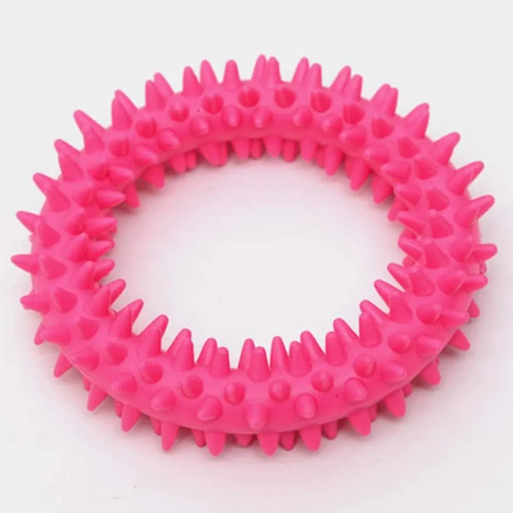 Blue TPR spiky circle ring dog chew toy on a white background.