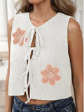 Women's sleeveless vest cardigan with lace-up bow detail in deer plush polyester fabric