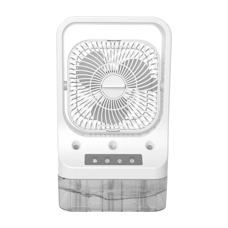 White USB rechargeable portable air cooler with water tank, adjustable head, and colourful night lights on a desk.