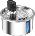 White stainless steel heated pet water fountain for cats and dogs on a countertop.