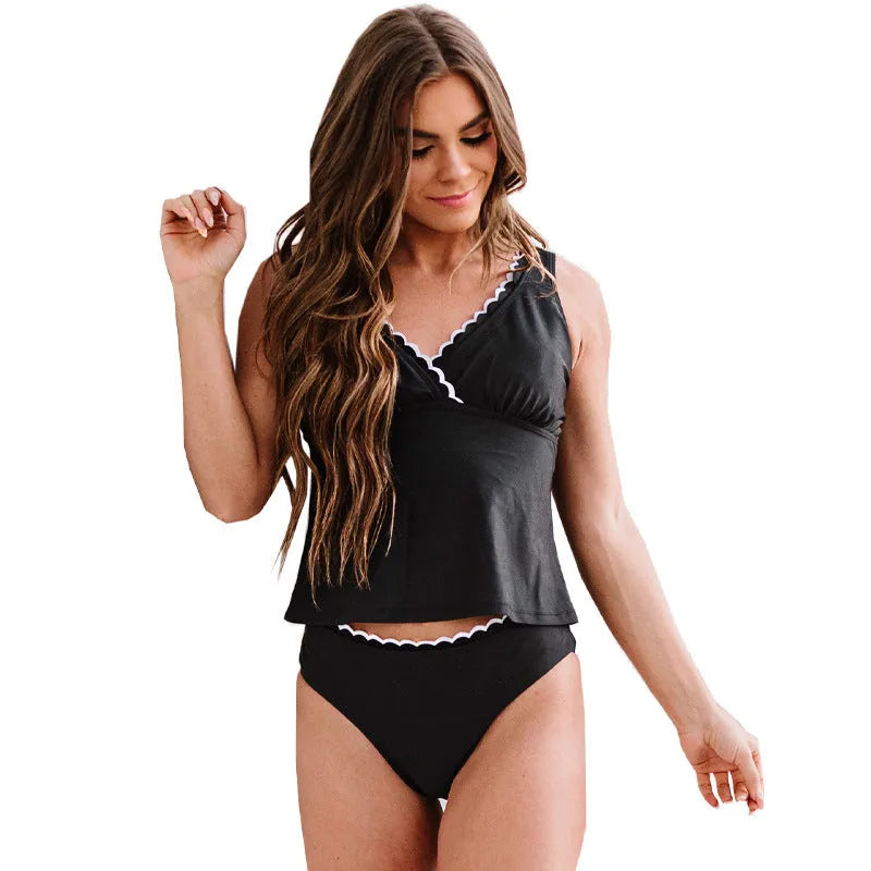 Black nylon women's split bikini swimsuit set sleeveless design