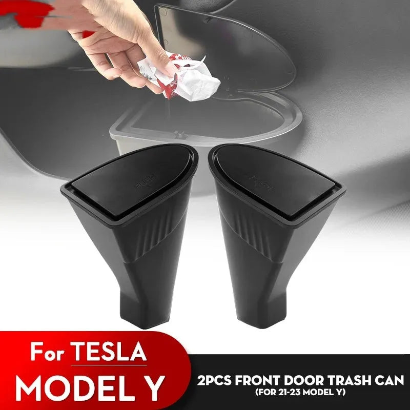 Two black ABS plastic car door storage bins designed for Tesla Model Y front door pockets.