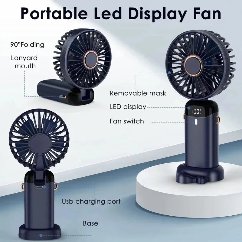 Foldable USB rechargeable portable fan showing handheld, desktop and neck-worn configurations with LED battery display