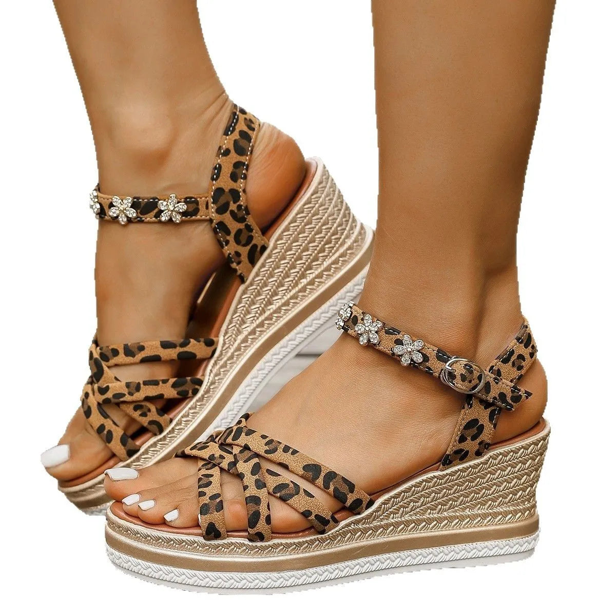 Light brown suede women's platform sandals with ankle buckle and open toe.