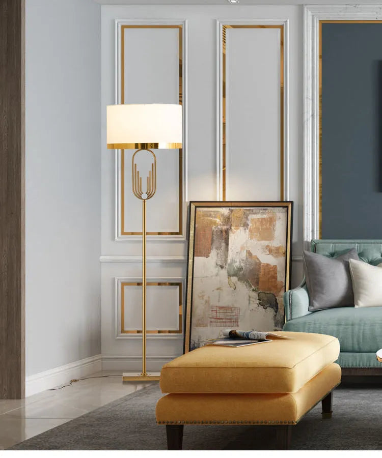 Modern vertical fabric floor lamp with adjustable height and remote control, 165cm tall, next to a desk