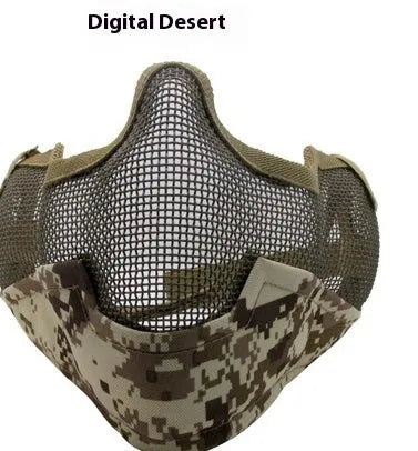 Carbon steel mesh protective face mask with head strap in camouflage pattern.