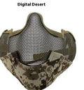 Carbon steel mesh protective face mask with head strap in camouflage pattern.