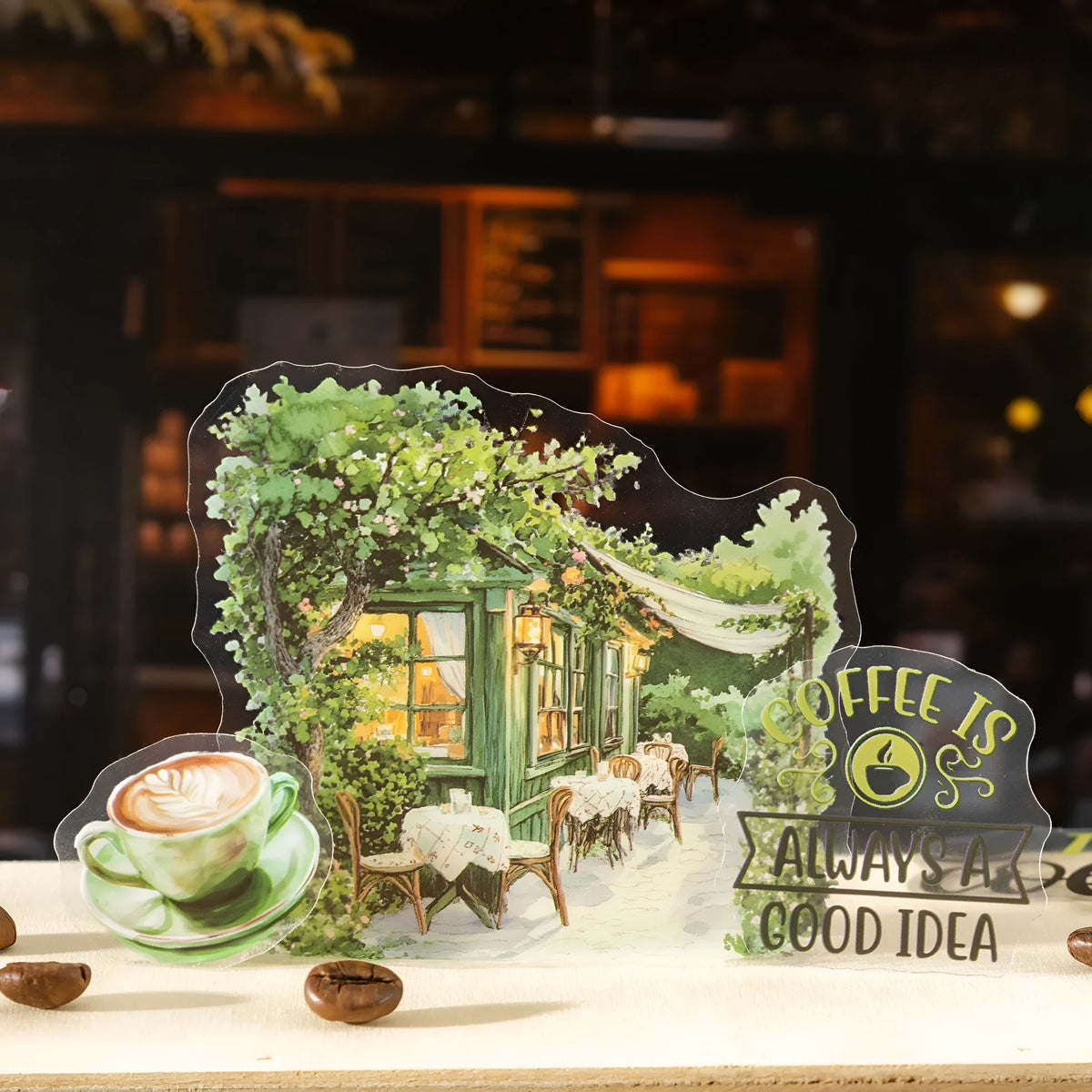 Encounter Cafe Series hand account sticker package with retro cafe designs in multiple colour options including Mori Night Cafe and Green Cafe.