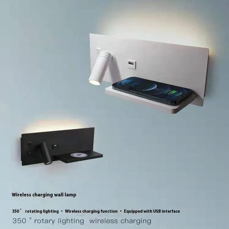 Nordic minimalist wall lamp with warm LED light and wireless charging pad for mobile phone