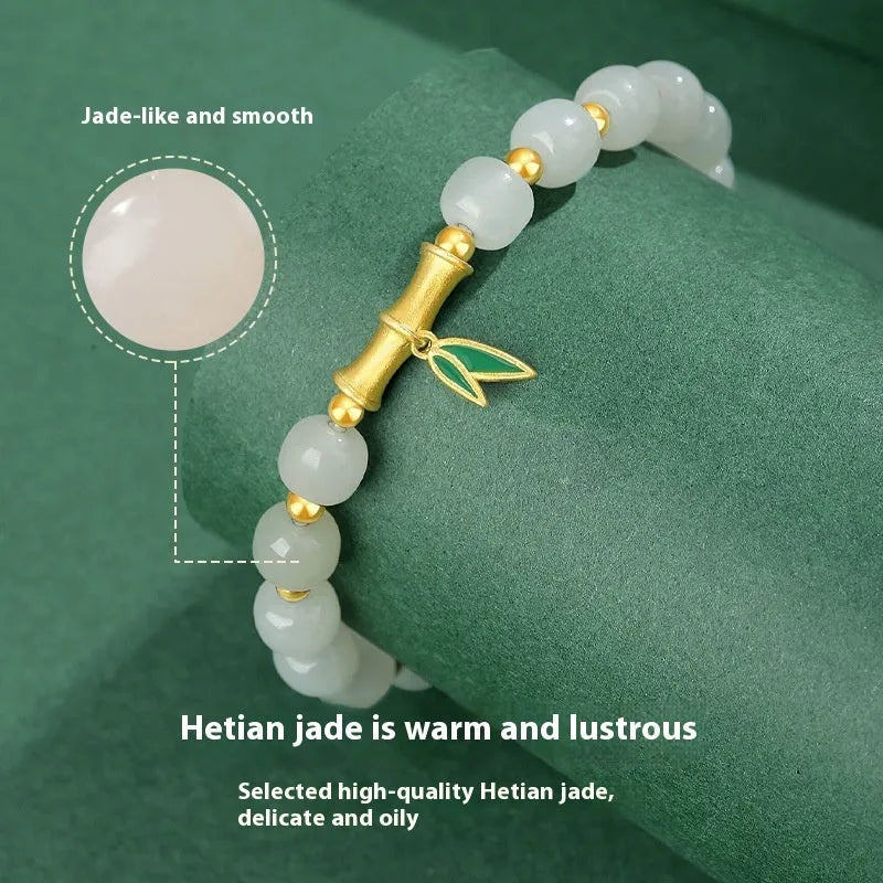 S925 sterling silver bracelet with natural Hetian jade bamboo leaf beads, 6mm size.