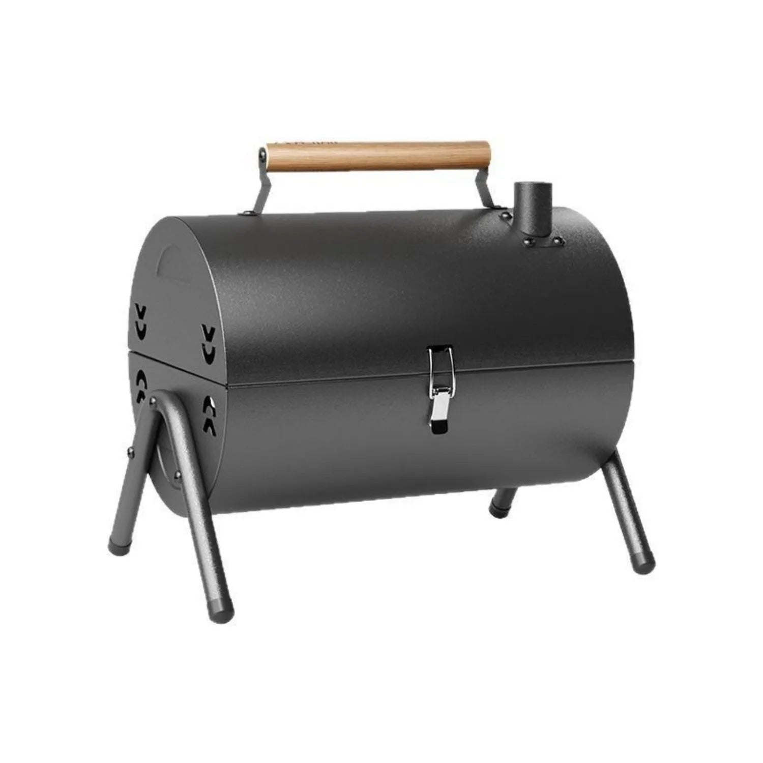 White round portable folding charcoal grill with chimney oven and two mesh racks for frying and baking.