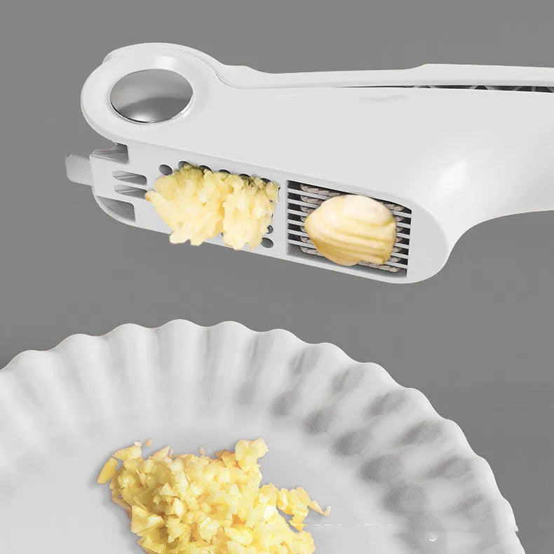 Manual garlic press kitchen tool with stainless steel crusher and coloured ABS handle