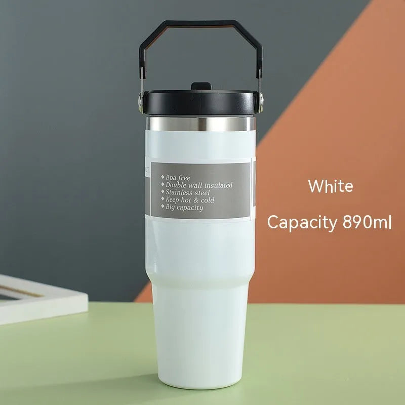 30oz stainless steel insulated travel cup with handle and sliding lid in multiple colour options