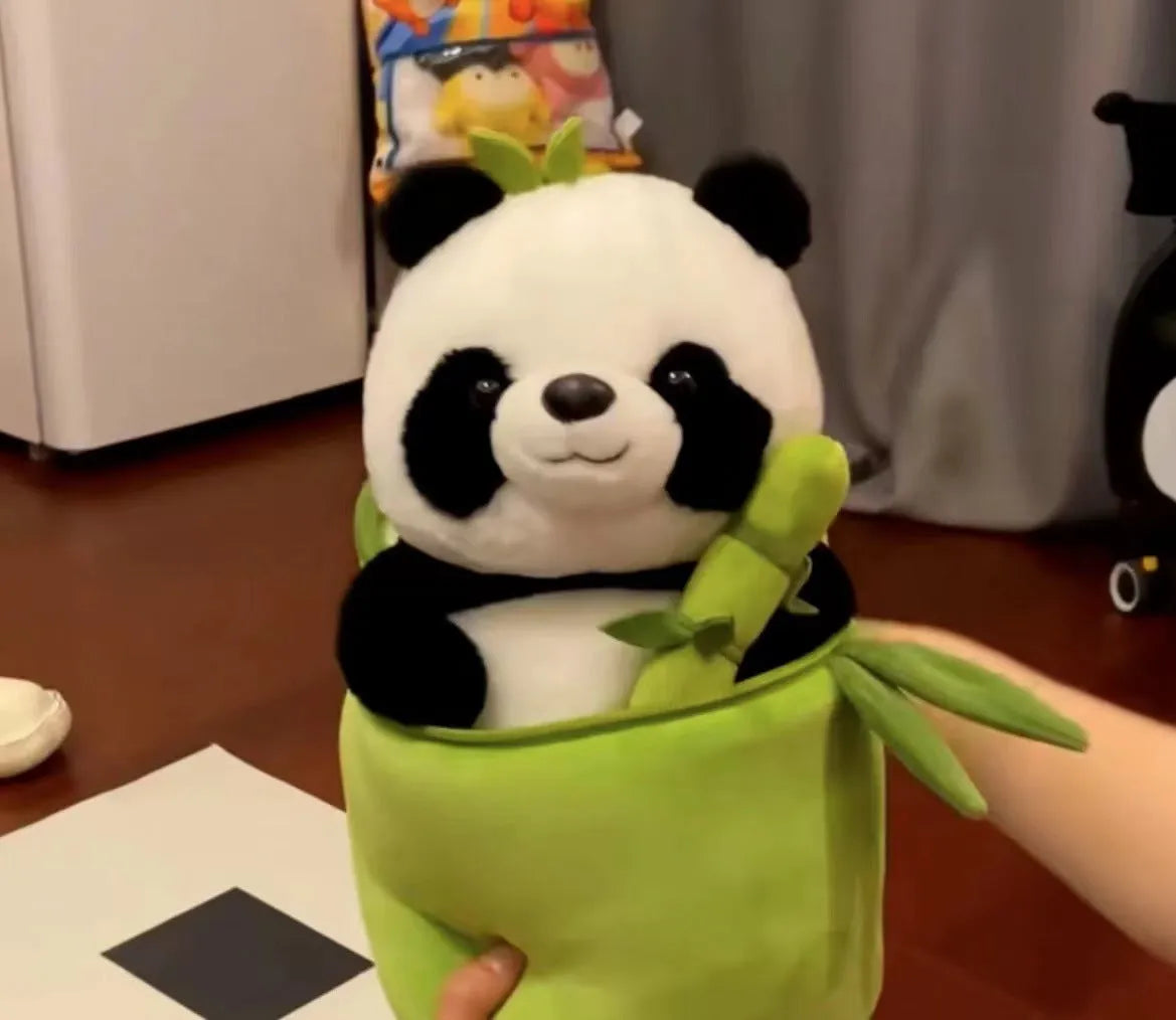 Panda plush doll holding bamboo shoots in bamboo tube design with PP cotton filling