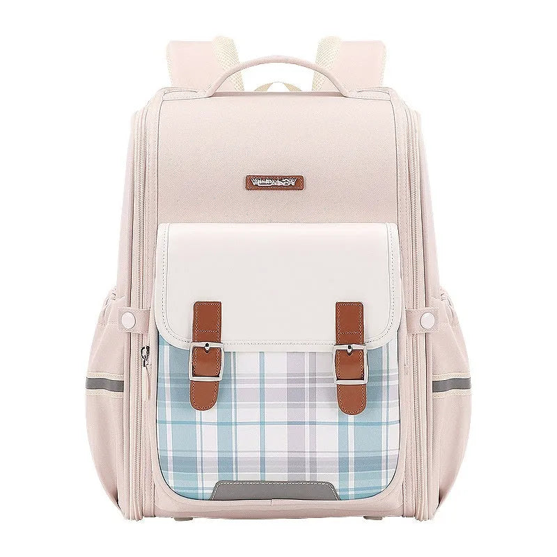 Lightweight Oxford cloth school backpack for students in navy blue, royal blue, pink, green and beige colours
