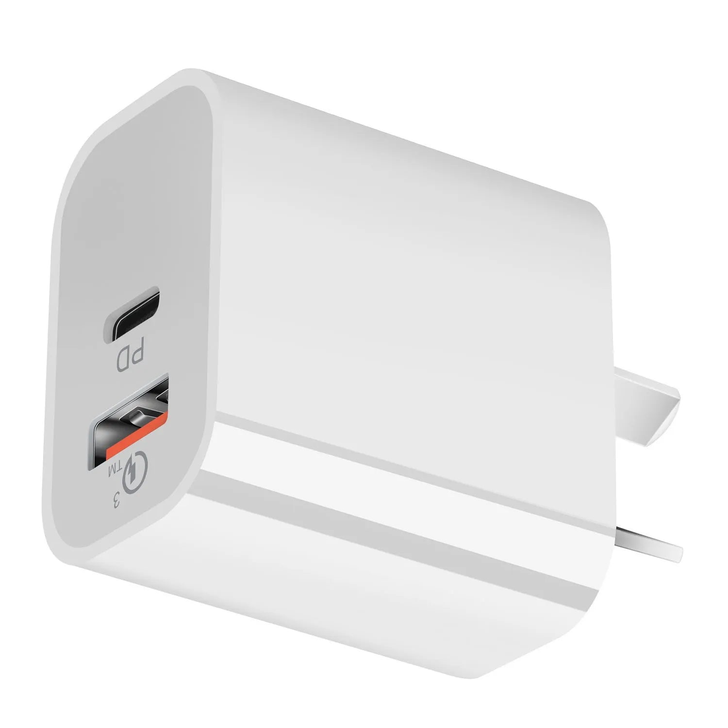 White Australian dual port USB wall charger with Type-A and Type-C ports on a white background.