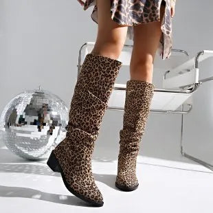 Brown leopard print women's ankle boots with a chunky square toe heel.